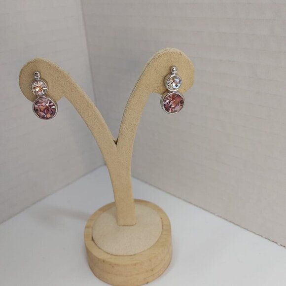 EARRINGS Silver Tone Metal pink Clear Rhinestone Dangle Costume Fashion - Picture 3 of 6